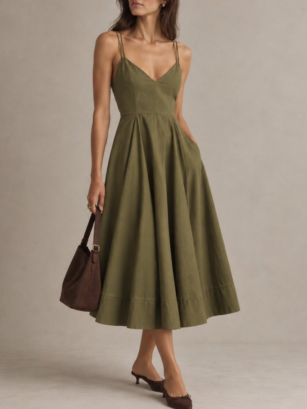 La Ligne Evelyn Midi Dress Khaki Green Cotton Lace-Up Back Size M NWT